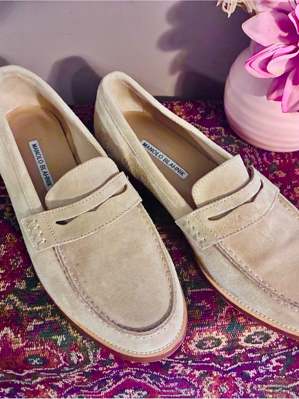 Manolo Blahnik Beige Suede Penny Loafers